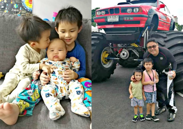 (Left) Dylan, the youngest, is only a year old. He is surrounded by his brothers Lucas and Isaac. (Right) The boys with their father on their day out.