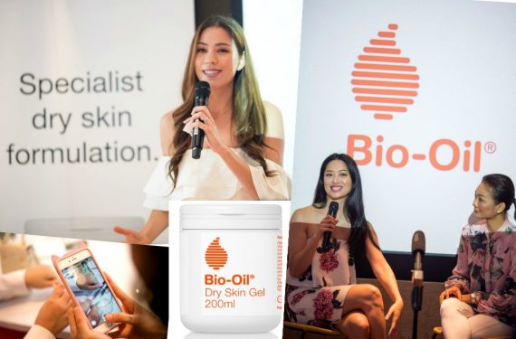 (Clockwise) First-of-its-kind Bio-Oil Dry Skin Gel Launch was hosted by former Beauty Queen Nadia Heng, Sarah Lian and Atilia Haron, Bio-Oil Dry Skin Gel, and guests testing out the product.