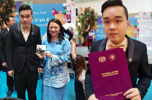 (Left) Posing at the World Autism Awareness Day 2019 at Sunway Putra Mall with YB Hannah Yeoh. (Right) Clarence holding his Autism Stars Award presented at the ceremony.