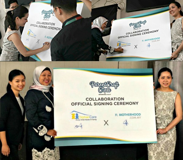 (Top) The signing of the MoU between Motherhood’s ParentCraft and Orphancare Foundation. (Bottom, from left) Lavinia Chow, Yusila Yusof and Petrina Goh. 