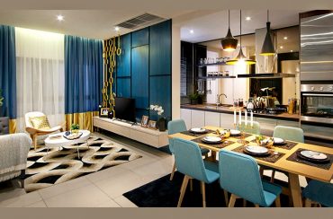 The dining area of Sunway Gandaria’s Type A hall view looking into the kitchen.