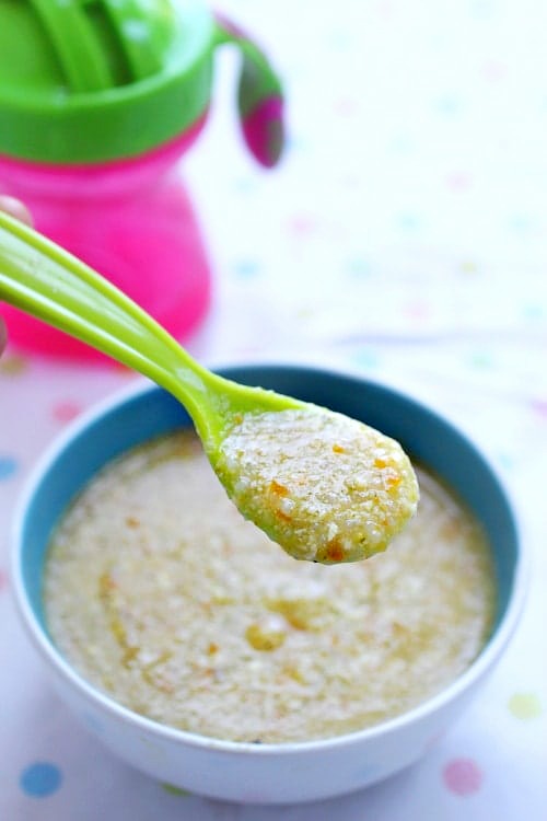 Deluxe Baby Porridge blended with dried scallop, silver fish or baby ikan bilis which is loaded with calcium, potato. Porridge is King in Malaysia, Baby’s First Food
