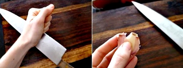 Knife placed flat on a clove of garlic. Food Hacks: 5 Secrets to Peeling Garlic