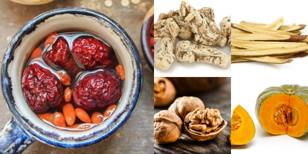 Left: Red Dates and Goji Berries, (Clockwise) Dang Gui and Huang Qi, Walnuts an, pumpkin for‘Sitting the Month’