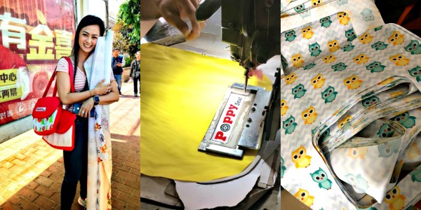 (From left): Ivy in China sourcing the most suitable materials to make Poppy Seat High Chair Cover, then getting on with the manufacturing of the product.
