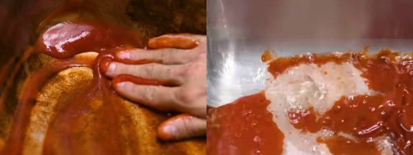 Just pour dollops of tomato sauce onto to burnt grease and food in the pot, pan or wok, leave it on for an hour, then rinse off. As you can see, it will be shiny and clean again. No need to chisel and scrape anything off! (Image Credit: Blossom)