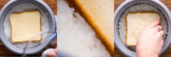 Here’s how the magic is executed. (From left) 1. Place a piece of bread on top of the mushy rice and close lid; 2. Let the bread absorb the water; 3. After a few minutes ─ Viola! The rice is now perfect. (Image Credit: Blossom)