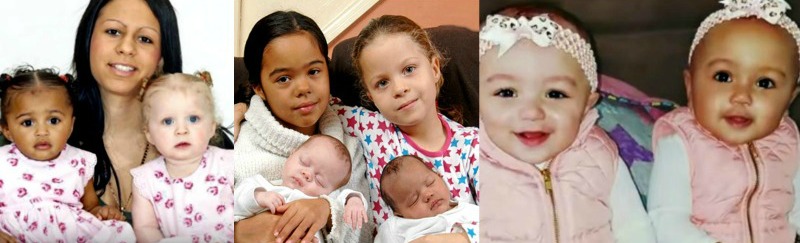 Three different sets of bi-racial twins from three different mixed race families exhibiting contrasting skin colours (Image Credit: You Tube)