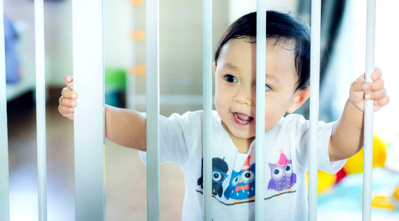 One easy way to make the stairs safer is to install child gates. Get ones that baby cannot climb. These gates should also be installed at the kitchen doorway so that baby cannot go into the kitchen, another dangerous zone in the house. (Image Credit: The Bump)