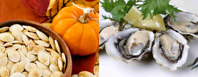 Zinc is an essential mineral found in high amounts in animal foods, such as meat, fish, eggs, shellfish and seeds. (Left) The pumpkin seed, high in zinc, is known for its ability to enhance men’s fertility and strengthen the prostate gland. (Right) Oysters contain more zinc per serving than any other food. (Image Credit: Food.ndtv.com and The Spruce Eats)