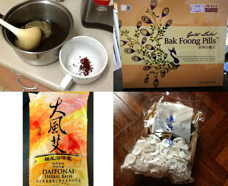 “Upper left is Sheng Hua soup, to clear lochia blood and repair womb. Upper right is White Phoenix pills, aka Bak foong pills. Lower left is herbs for bathing, lower right is for letting down breastmilk,” revealed Alan.
