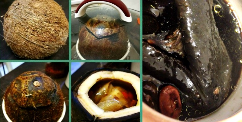 (Left) This is mind-calming soup, improved by double boiling in an old coconut. (Right) This is the improved 8 Treasure Soup boiled with black chicken. 