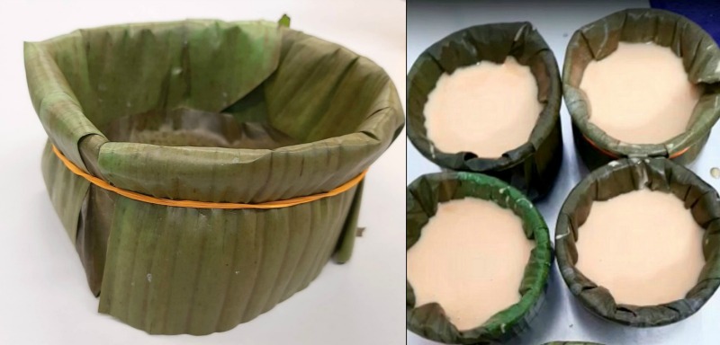 Look at how the tins are wrapped in banana leaf. The choice of receptacle for the Nin Koe is up to you but aluminum tins or cake pans work best as they need less steaming time. 