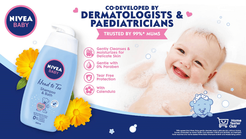 NIVEA Head to Toe Shampoo gently cleanses and moisturizes baby skin.