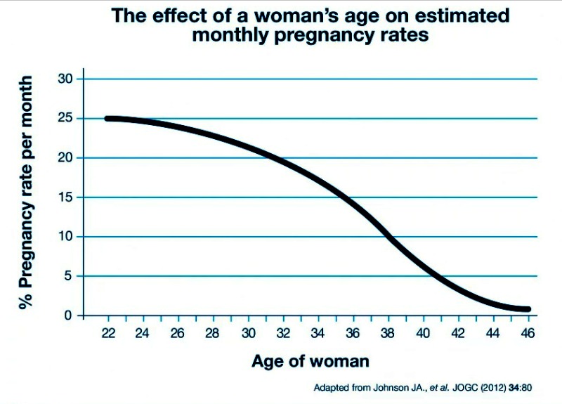 The graph above shows the effect of age on the declining chances of conception. (Image Credit: Clearblue.com)