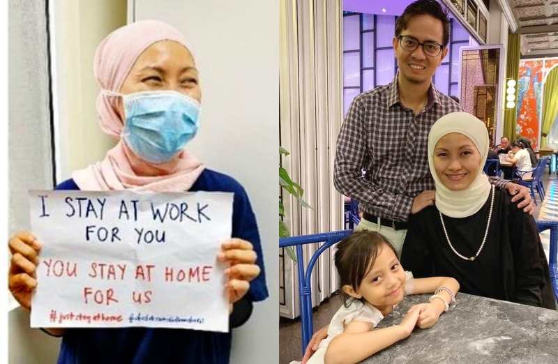 Dr Fadhilah, carrying the famous “Stay At Home” slogan and a picture of the family during a time before COVID-19. 