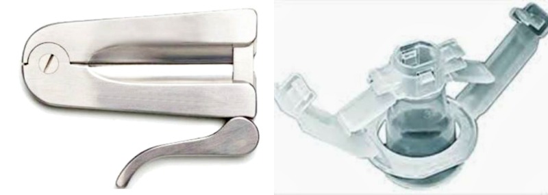 Left) The TARA KLamp, a Malaysian invention developed by Dr Gurchran Singh in the 80’s, uses plastic arms to trap the foreskin and perform circumcision without creating an open wound (Image Credit: Taraklamp.com) (Right) With the Mogen clamp, the foreskin is pulled out in front of the glans and inserted through a metal clamp with a slot in it. The clamp is held in place while the foreskin is cut with a scalpel. (Image Credit: medq.co.za). 