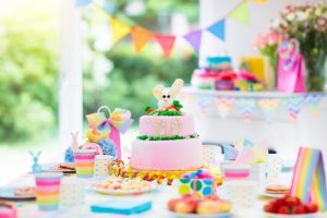 rainbow decor and cake for birthday party