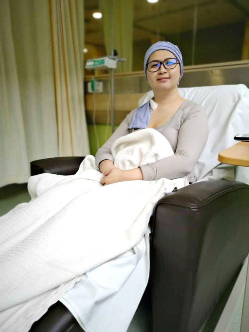 At her first breast cancer chemotherapy session in February 2020