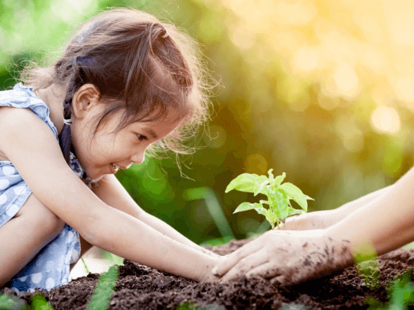 little girl gardening at her home garden