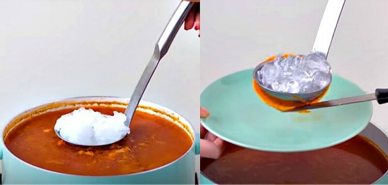 Metal ladle with ice cubes makes the oil stick to the ladle for easy removal. (Image Credit: You Tube/ Food Hacks and Tips by Blossom)