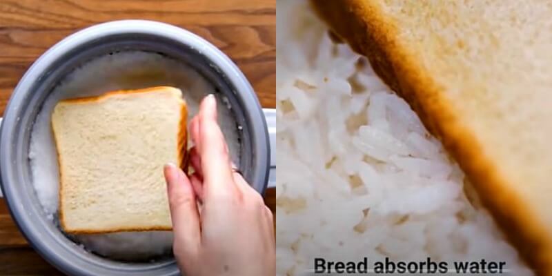 Put a piece of bread on top of soggy rice in the rice cooker. The bread will absorb the excess water. (Image Credit: You Tube/ Food Hacks and Tips by Blossom)