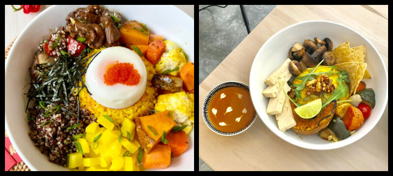 Some of the servings at Goodness Greens café. The vegetarian Buddha Bowl (Right) is interesting as it consists of Japanese turmeric pear rice, roasted pumpkin, roasted seasonal veggies, tortilla chips, tofu, sautéed mushrooms, caramelised cashew brittles, lime wedge and Thai coconut curry sauce.