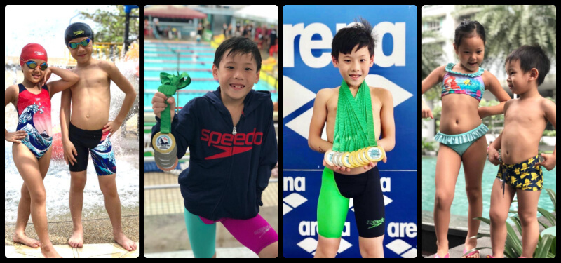 Cindy’s children are all making waves of their own. (Center two:) Hayden with his medals. (Left:) Kiara with Hayden and (Right:) Kiara with Conner.