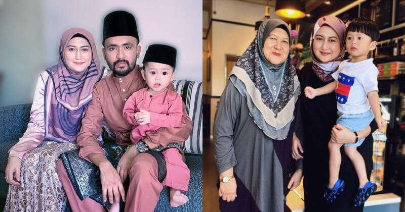 Dayang with her husband and son during last Hari Raya and Dayang with her mum.