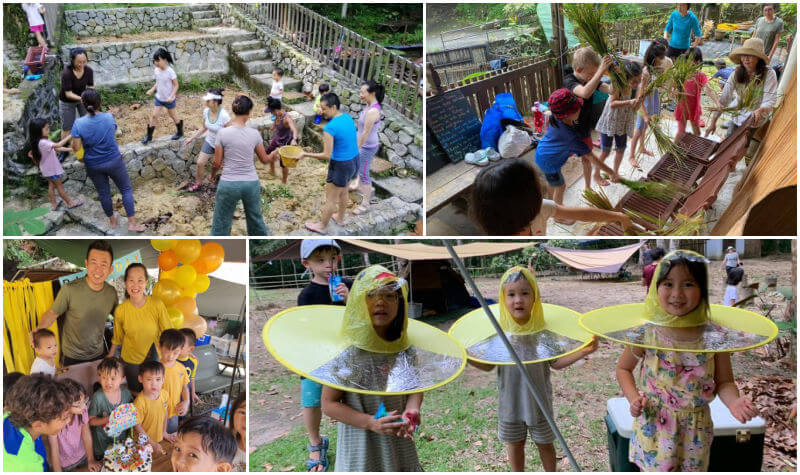 Clockwise: School time is such fun! There’s paddy farming, learning how to work together on a project with schoolmates, camping off-grid with schoolmates and their parents and celebrating Jia Cenn’s birthday in school.
