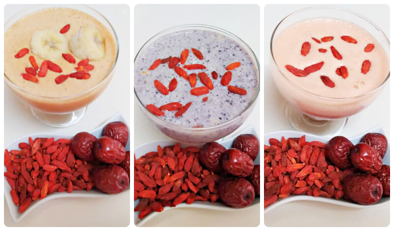 From Left: Banana, Goji Berries, Red Dates and Coconut Icecream Smoothie, Blueberry, Chia Seeds, Goji Berries, Red Dates and Yoghurt drink Smoothie, and Goji Berries, Red Dates and Milk Smoothie.