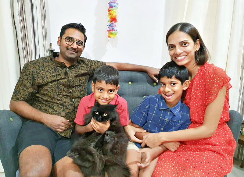 A Pet Pawsitive Family: Husband Sharma, Fiona, the kids and Sydney. “It’s amazing how pets can change the dynamics of the house. It’s like an injection of love hormones!” says Fiona. 