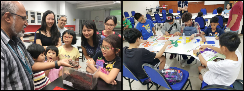  (From Left) Members visiting Dr Sagathevan's lab to learn about reptiles and curious creatures; Participants solving puzzles at the Julia Robinson Math Festival 2019 (Image Credit: Malaysian Mensa Society)