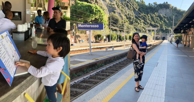 Piersce has travelled quite a bit in his young life. (Left) Piersce reading the menu at the age of 3 years 3 months, at Club Med, Maldives, (Right) in Cinque Terre, Italy, in 2018. Pamela says when Piersce was 7months old, they brought him to Shanghai, then at 11 months old to Bali, then at 1 year old to Australia, then at 1 year 5 months old to Club Med Phuket, at 1year 9 months old to Singapore Zoo, at 2years 7 months old to Cinque Terre (Italy) and Spain, at 3years old to Club Med Maldives, and at 4 years old to Bangkok, Taiwan and Xiamen.