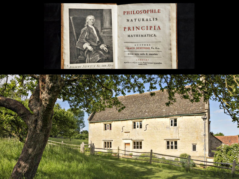 In Principia Mathematica, Sir Isaac Newton laid down the laws of motion and gravity and changed the world of science forever. (Right) He lived in Woolsthorpe Manor, and discovered the Theory of Gravity in 1665 after watching an apple fall from the tree. Newton’s room was upstairs on the right side of the house overlooking the apple trees. (Image Credit: www.nationaltrust.org.uk)