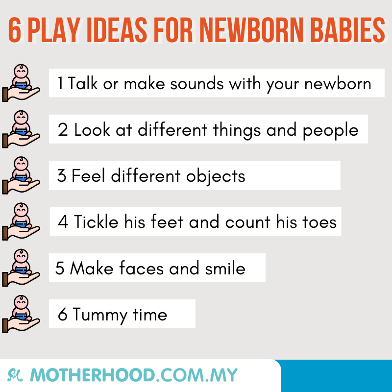 This infographic shares 6 ideas to play with newborns.