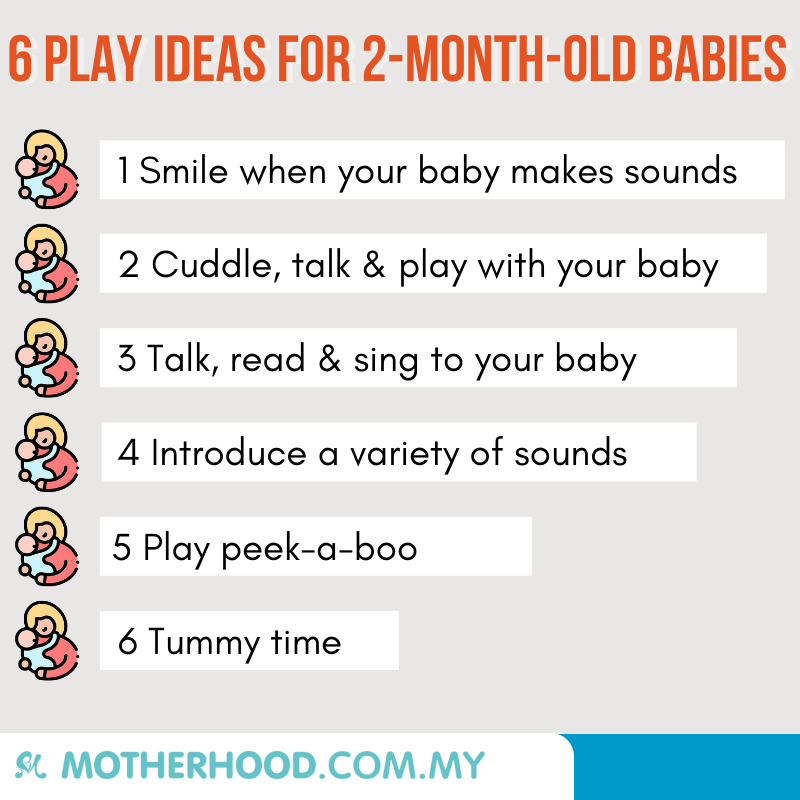This infographic shares six play ideas with two-month-old babies.