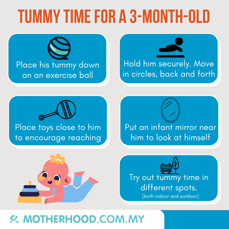 This infographic shares on tips to try tummy time with a three-month-old baby.
