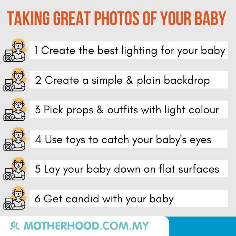 This infographic shares tips to take great photos of a baby.