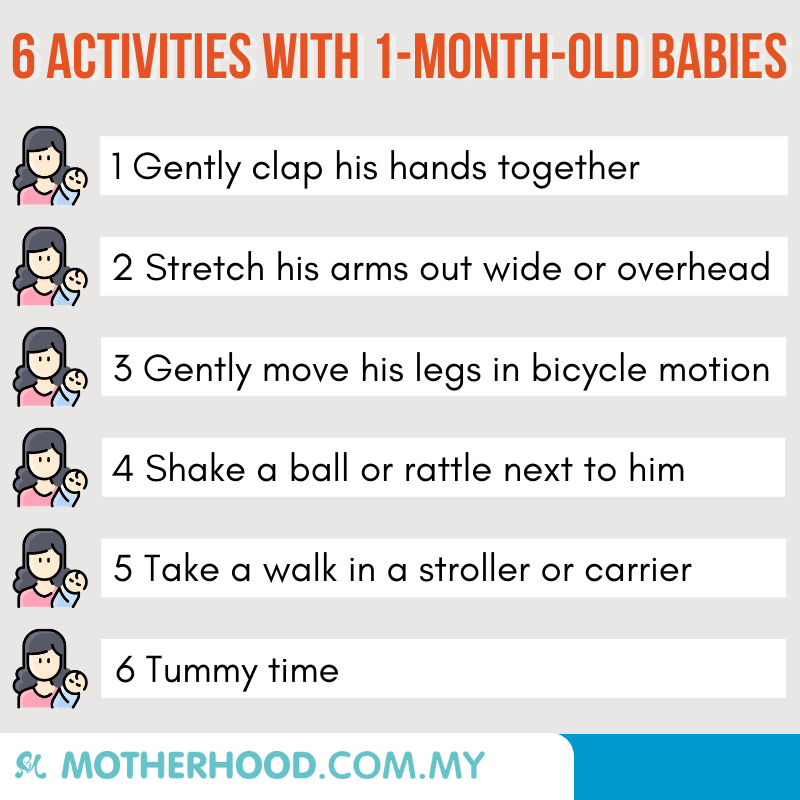 This infographic shares six activities you can try with an one-month-old baby.