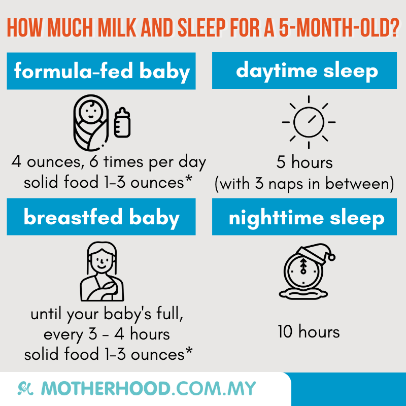 This infographic shares about the feeding and sleep needed for a 5-month-old.