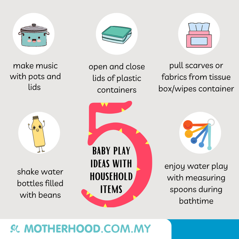 This infographic shares 5 baby play ideas with household items.