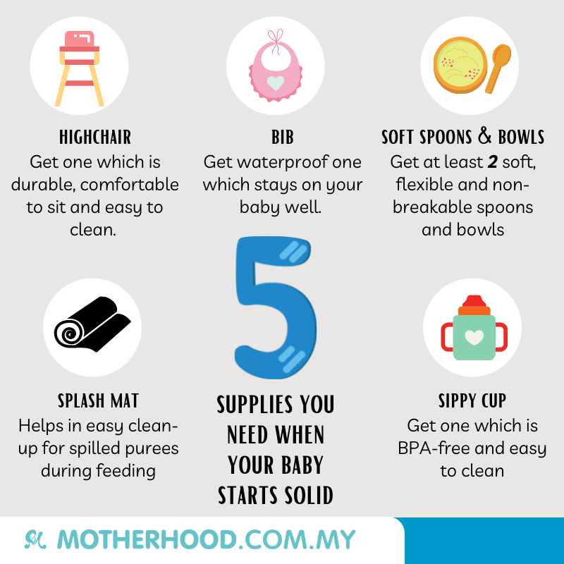 This infographic shares five supplies needed for feeding baby solid food
