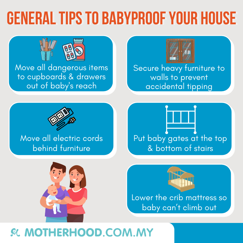 This infographic shares five general tips on how to babyproof your house.