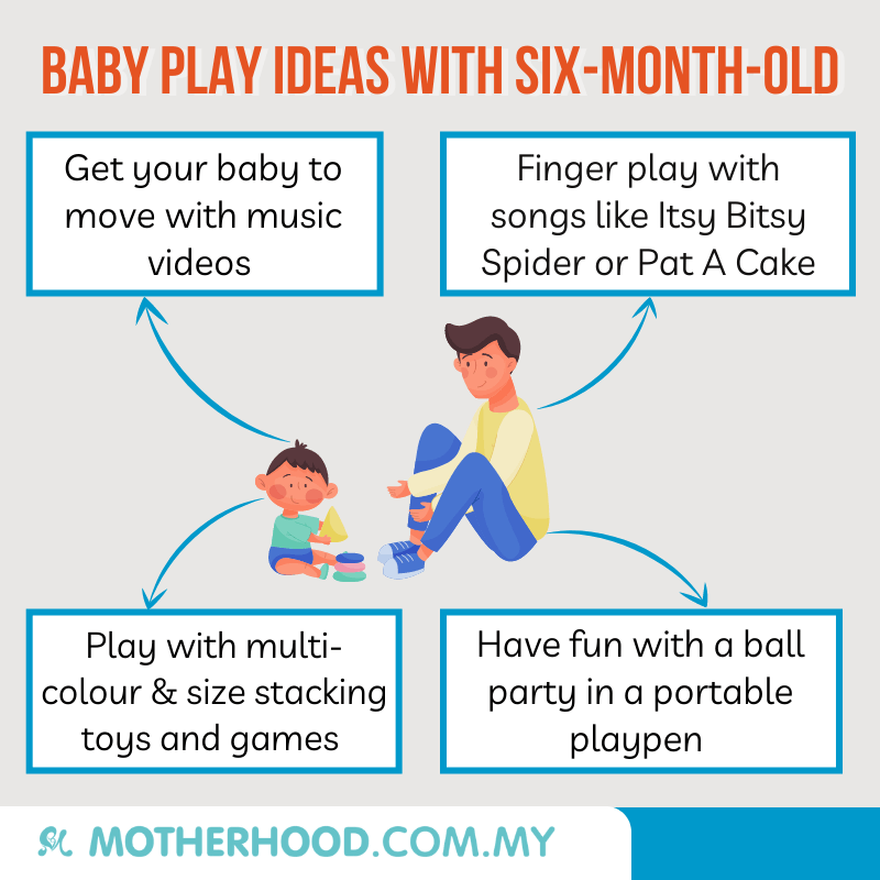 This infographic shares four baby play ideas with a six-month-old