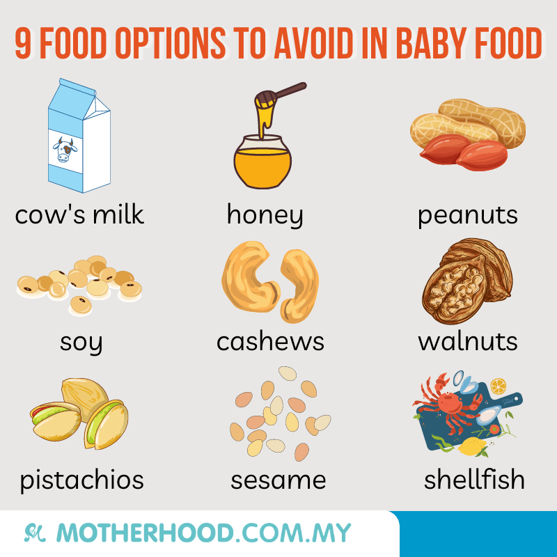 This infographic shares about 9 food to avoid for babies.