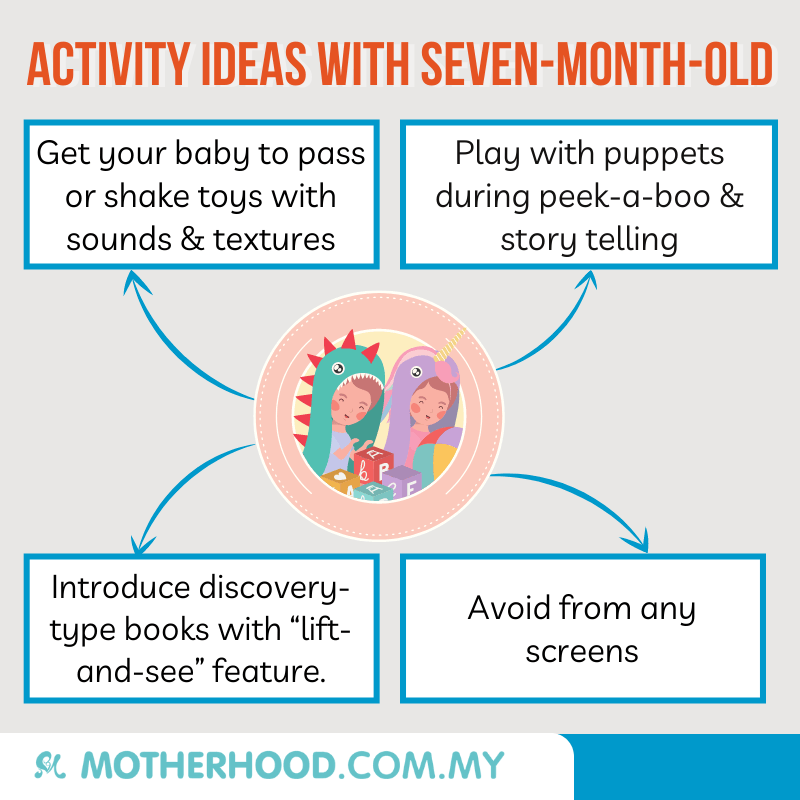This infographic shares some activity ideas that you can try with your seven-month-old baby.