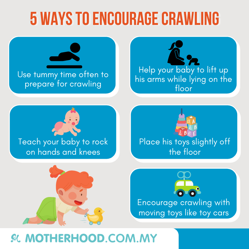 This infographic shares 5 ways you can encourage your baby to crawl. 