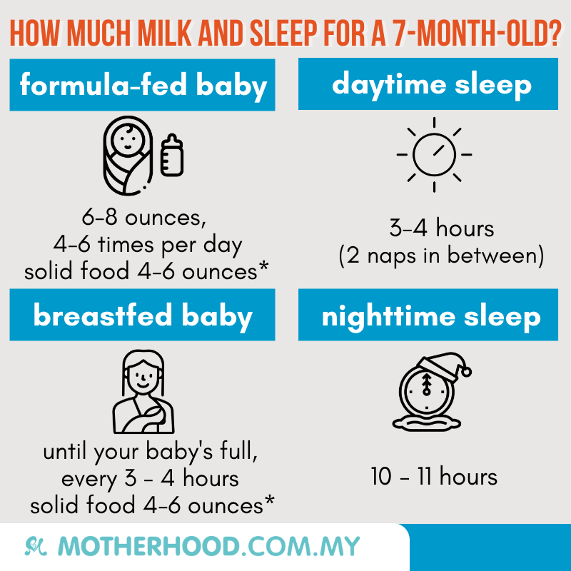 This infographic shares about the feeding and sleep needed for a 7-month-old.