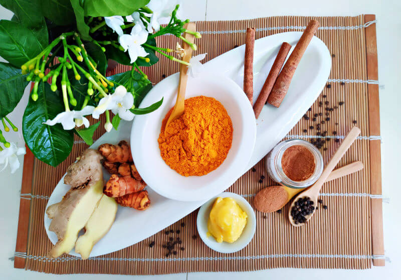 At the centre of Golden Paste is turmeric/kunyit powder, followed by freshly-ground black pepper, Ceylon cinnamon, ginger powder and ghee.